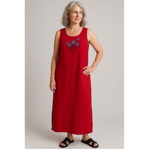 Studio Ease Women's Vintage Red Maxi Dress M Hand-Painted Floral Sleeveless